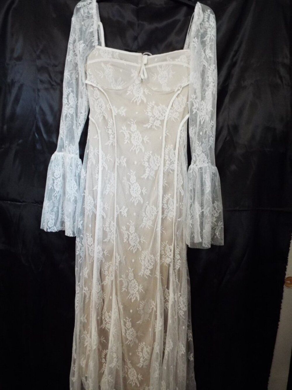 Long White Floral Lace Dress with Tan Underlay Size Small